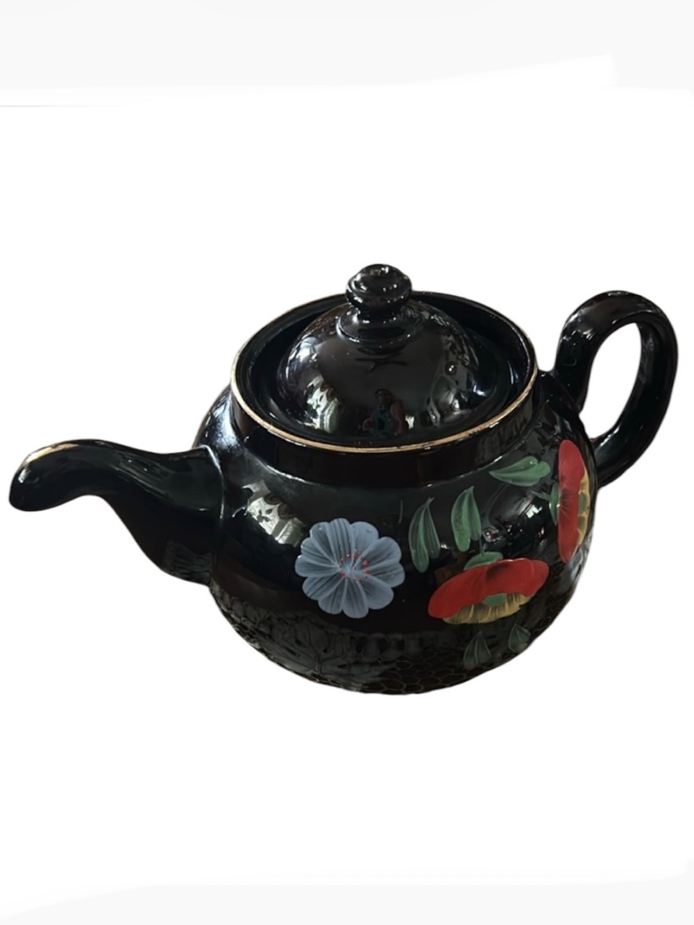 Vintage Hand-Painted Black Ceramic Teapot